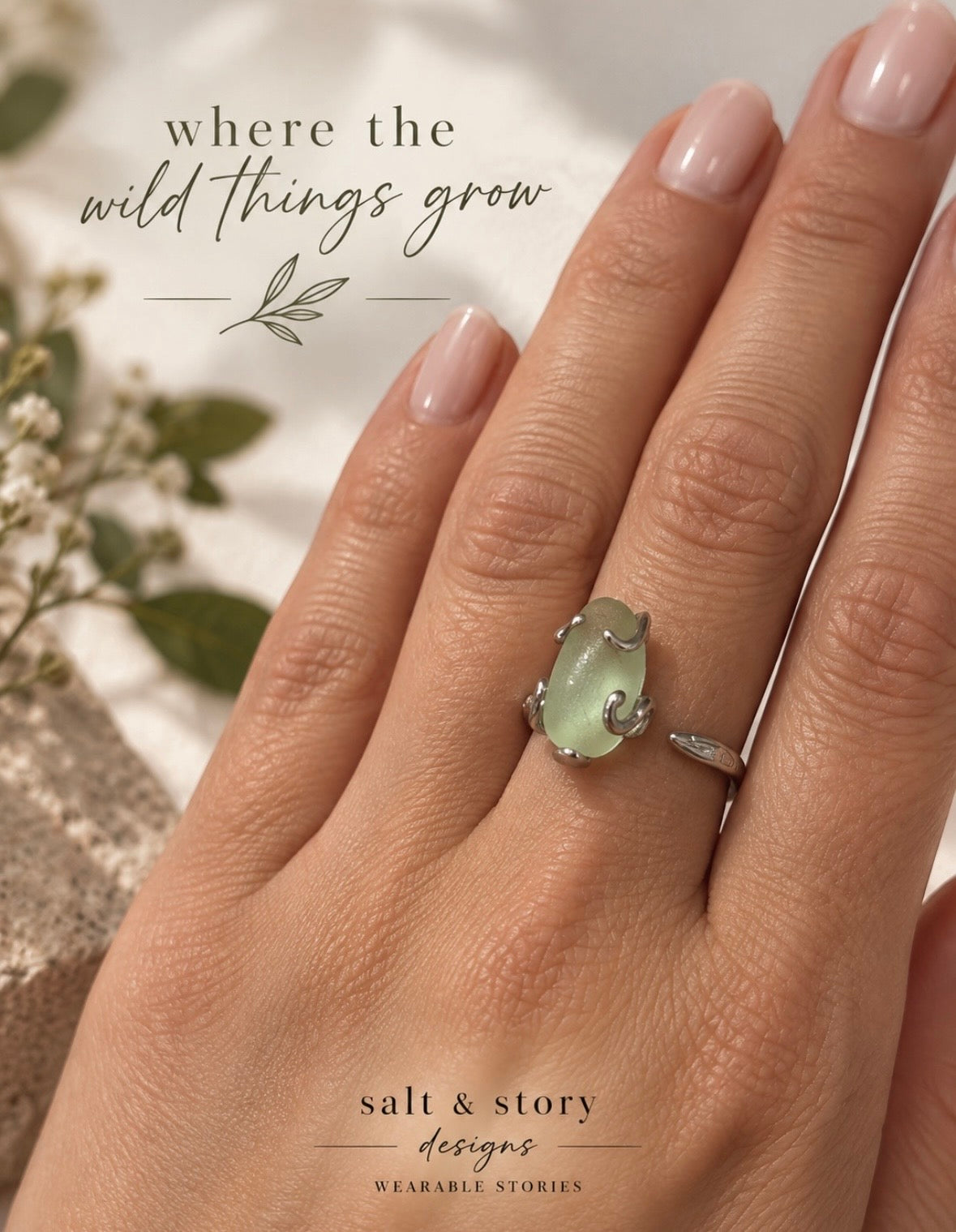 WHERE THE WILD THINGS GROW- 925 Sterling Silver and genuine Seaham Seaglass adjustable ring