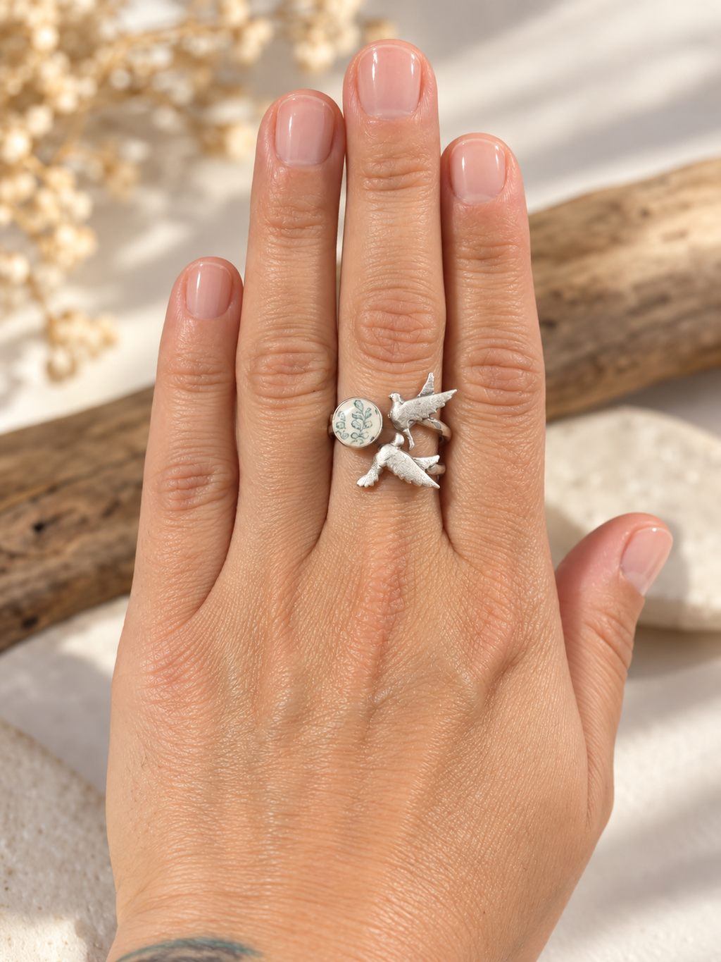 Hope is the Thing With Feathers- hand carved sea pottery adjustable ring