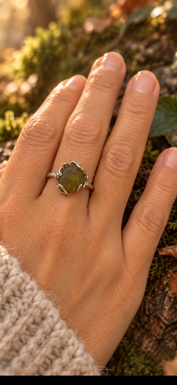 Mosslight- Deep olive green seaglass ring