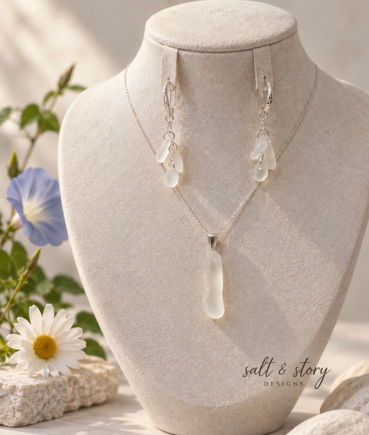 A Choir of Angels- Necklace and Earring set | White Seaglass and Sterling Silver