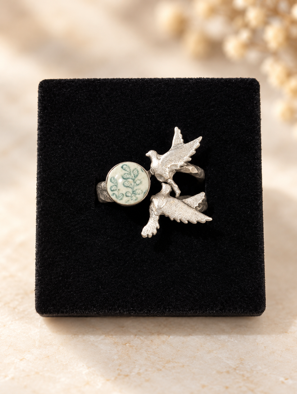 Hope is the Thing With Feathers- hand carved sea pottery adjustable ring