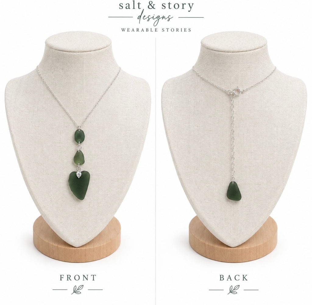 THE SECRET GARDEN- Green sea glass statement necklace with back sea glass  pendant