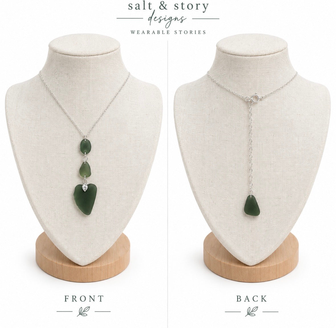 THE SECRET GARDEN- Green sea glass statement necklace with back sea glass  pendant