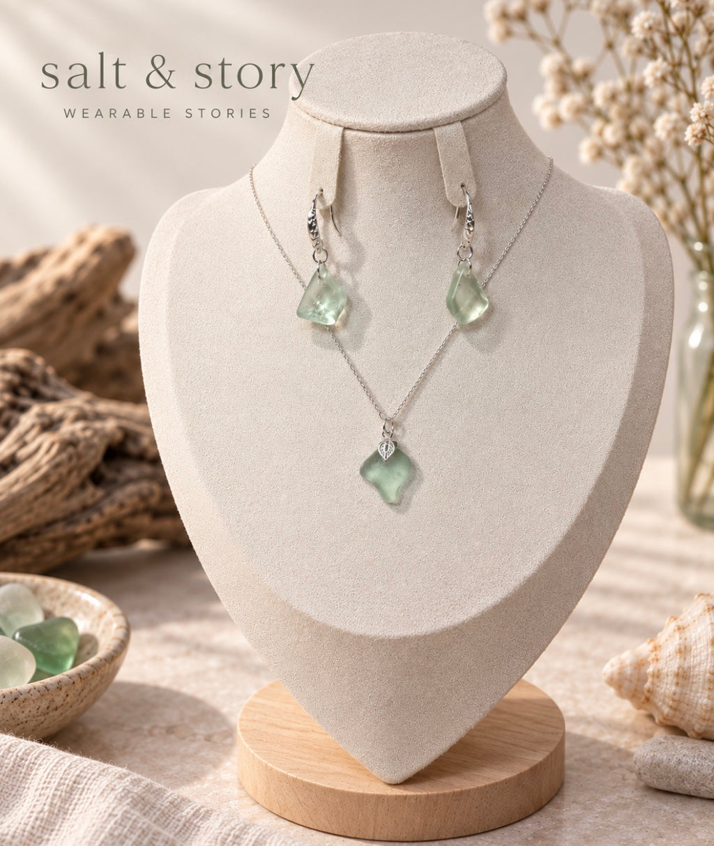 SIREN SONG- Seafoam Seaglass Necklace and Drop Earring Set