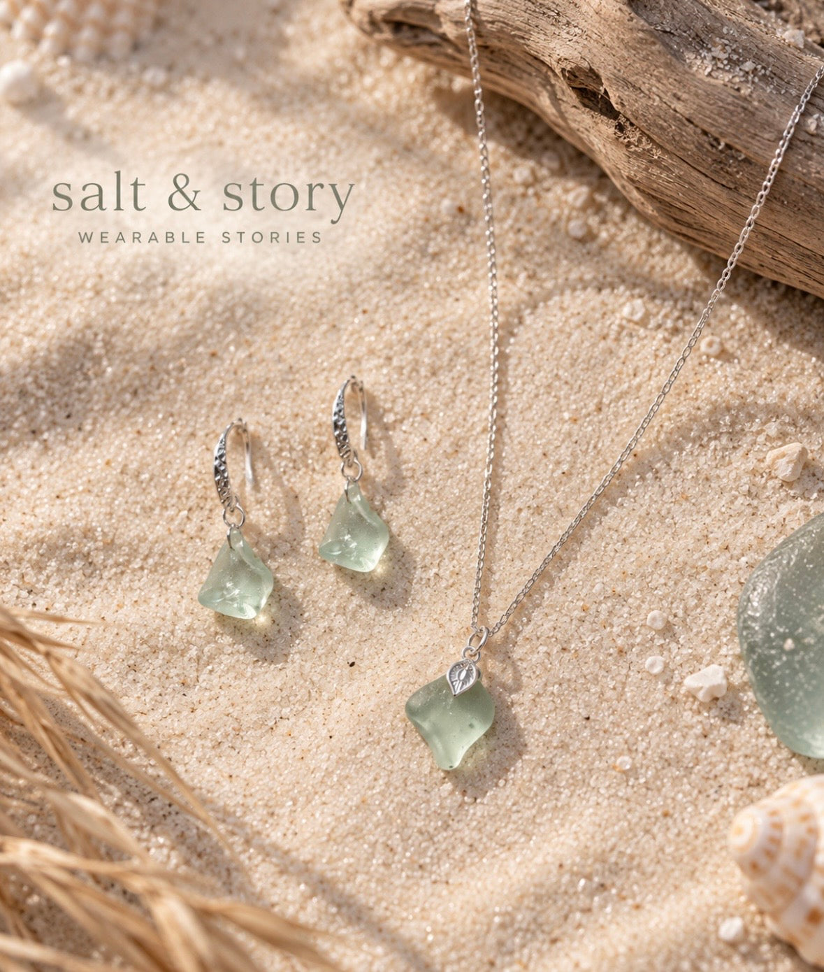 SIREN SONG- Seafoam Seaglass Necklace and Drop Earring Set