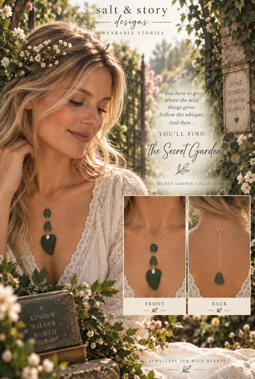 THE SECRET GARDEN- Green sea glass statement necklace with back sea glass  pendant
