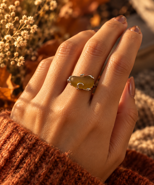 Autumn Honey- Honey coloured adjustable Seaham seaglass ring