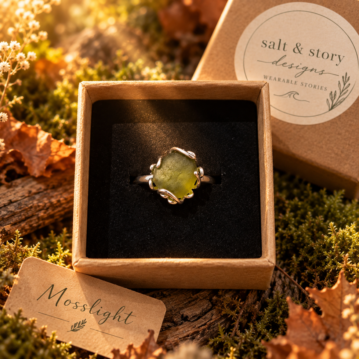 Mosslight- Deep olive green seaglass ring