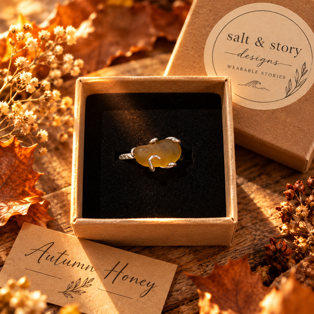 Autumn Honey- Honey coloured adjustable Seaham seaglass ring