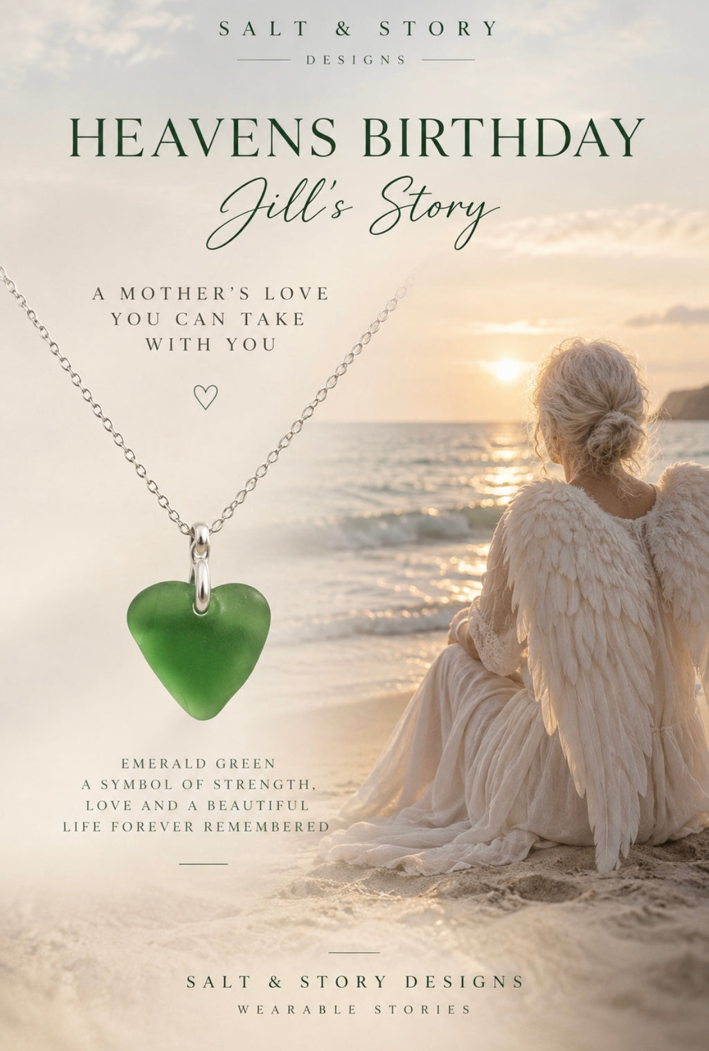 Heaven’s Birthday (Jill’s Story) - Emerald Green heart shaped seaglass pendant necklace