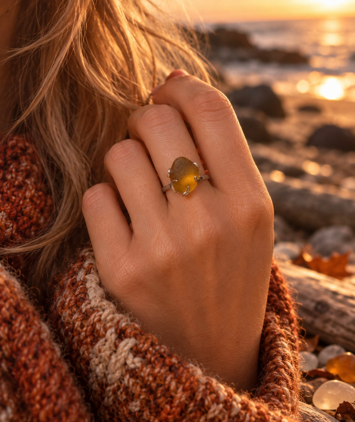 Maple Leaf- Light Amber Seaglass adjustable ring