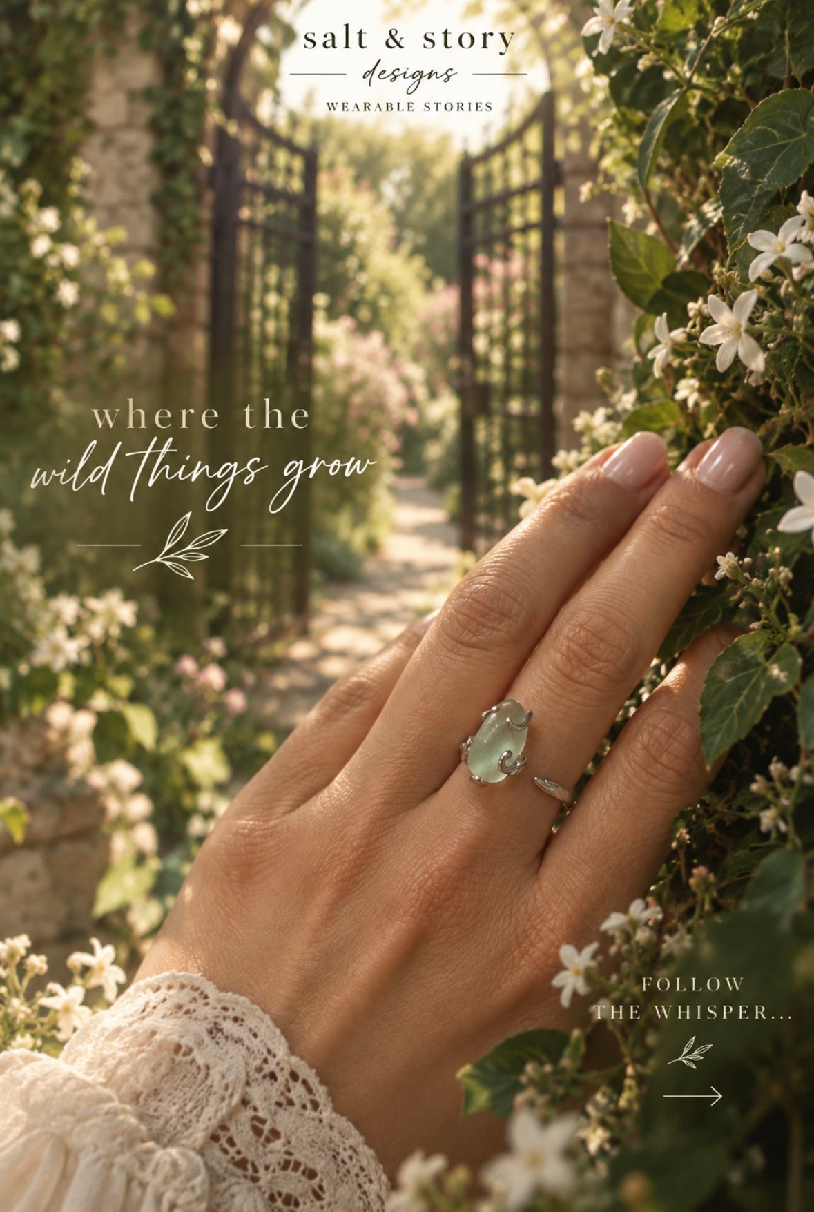 WHERE THE WILD THINGS GROW- 925 Sterling Silver and genuine Seaham Seaglass adjustable ring