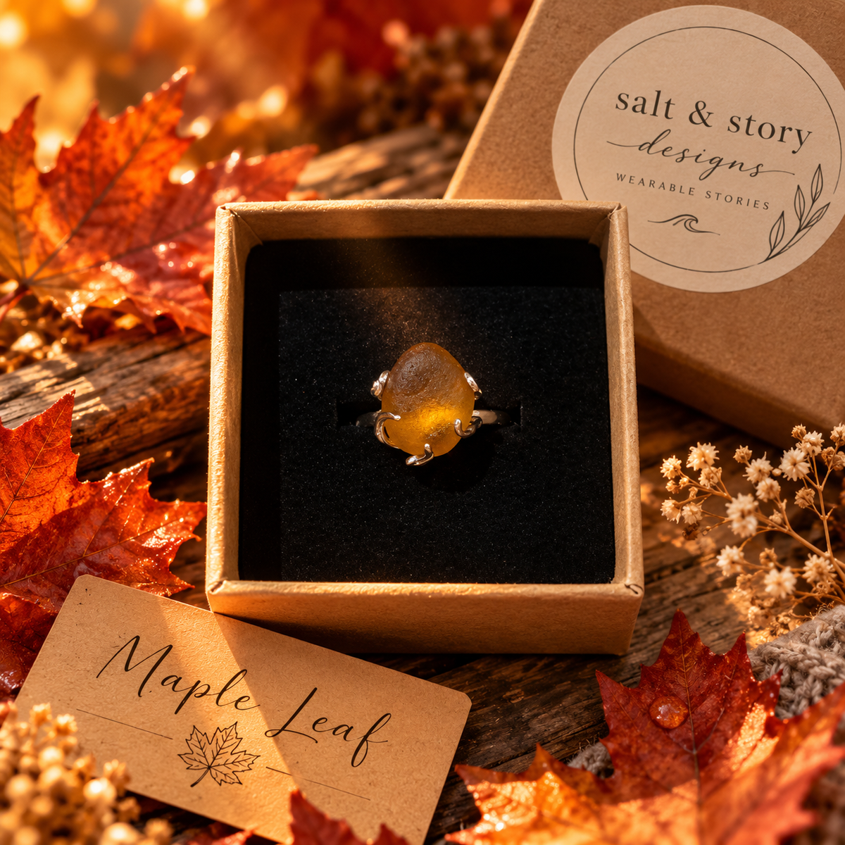 Maple Leaf- Light Amber Seaglass adjustable ring