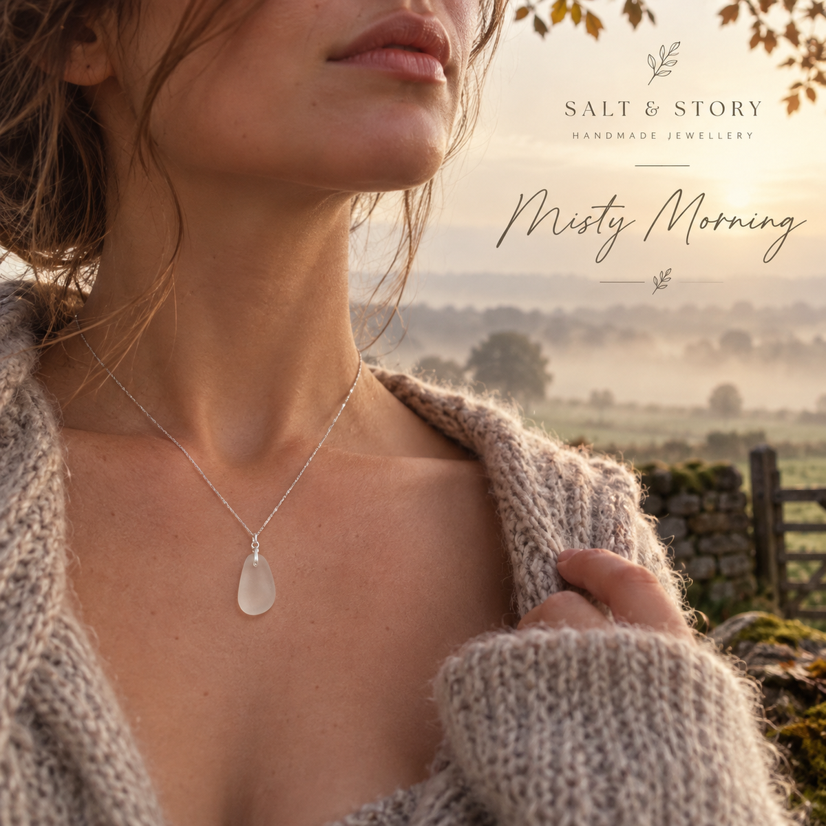Misty Morning- White Seaham Seaglass with sterling silver necklace