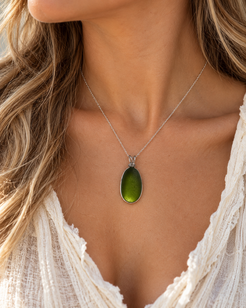 The Green Gatsby- Sterling Silver wire wrapped seaglass necklace
